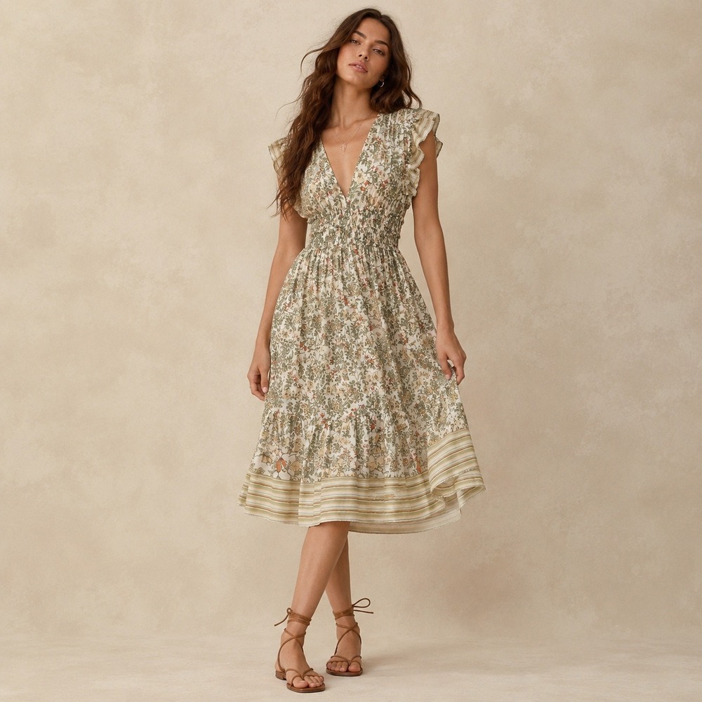 Floral Smocked Midi Dress in Sage